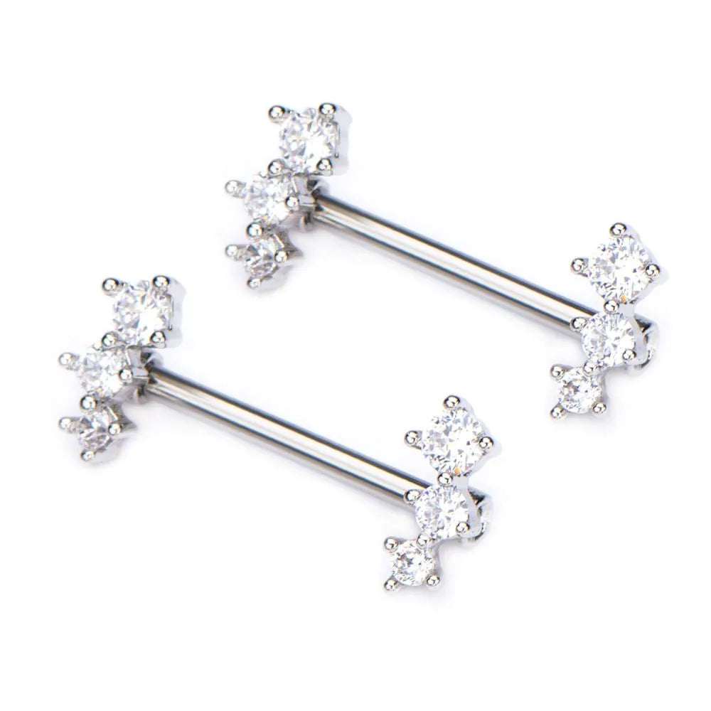 Surgical Steel Nipple Barbells with Forward Facing 3 Clear CZ Gem
