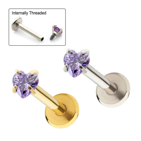 Internally Threaded Prong Set Amethyst Heart CZ Top with 4mm Flat Back Labret