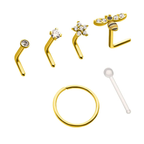 Gold PVD Steel Bee / Flower / Round Clear CZ Gem L-Bend Nose Stud, Hoop & Retainer, 6 Pack