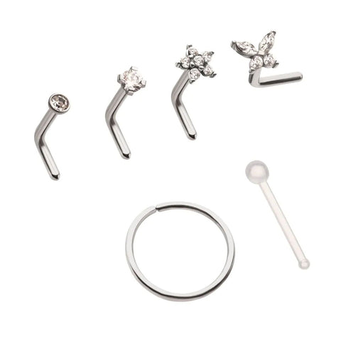 Steel Flower / Round Clear CZ Gem L-Bend Nose Stud, Hoop & Retainer, 6 Pack