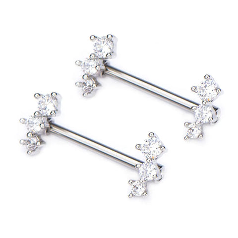Surgical Steel Nipple Barbells with Forward Facing 3 Clear CZ Gem