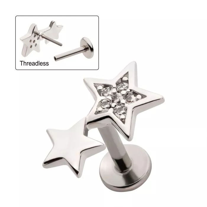 Threadless Big Star with Pave Set Round CZ Duo Star Flat Back Cartilage Barbell
