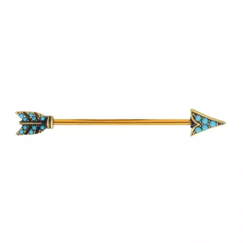 34mm Gold PVD with Turquoise Gem Antiqued Arrow Industrial Barbell