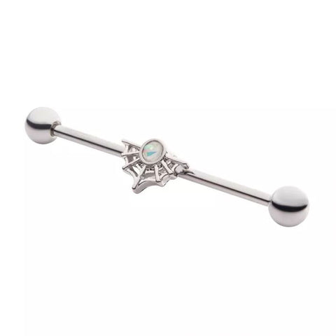 34mm Spider Web with Glitter Faux White Opal Industrial Barbell