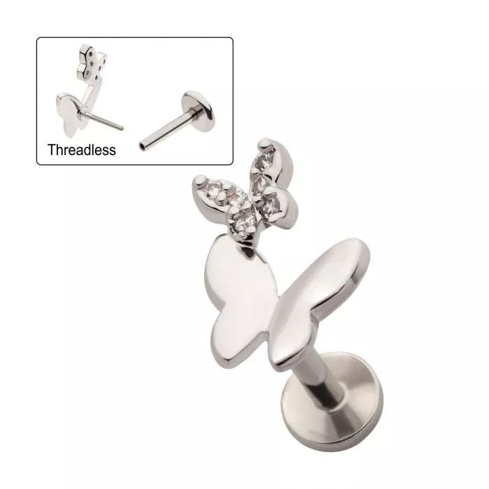 Threadless Butterfly with Pave Set Round CZ 18g Cartilage Barbell
