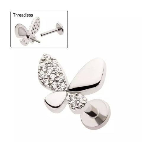 Threadless Pave Set Butterfly 18g Cartilage Barbell