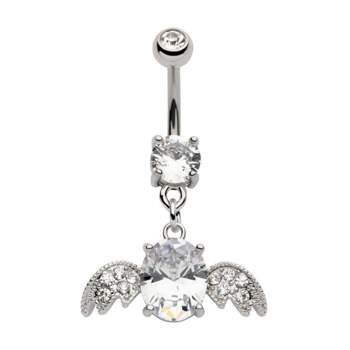 Surgical Steel Externally Threaded Big Oval CZ with Multi Clear CZ Wings Dangle Belly Bar