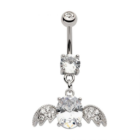 Surgical Steel Externally Threaded Big Oval CZ with Multi Clear CZ Wings Dangle Belly Bar