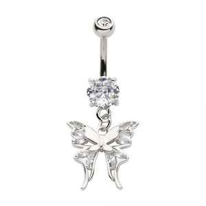 Marquise CZ Butterfly & Double Clear Round CZ Dangle Belly Bar
