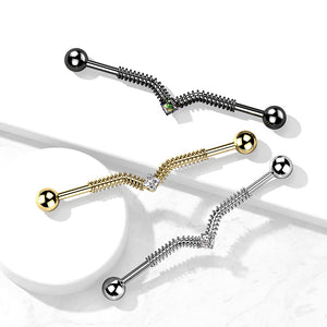 316L Surgical Steel Industrial Barbell with Spring Coil and Square Center Gem