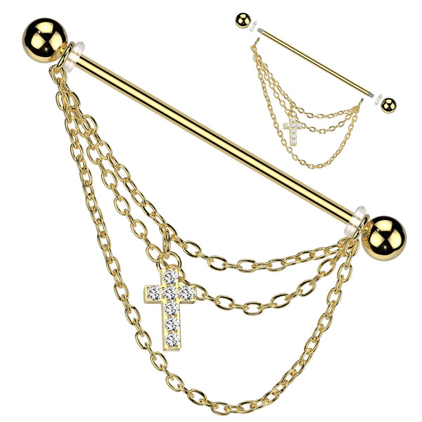 16L Surgical Steel Industrial Barbell With Triple Chain and CZ Pave Cross Dangle