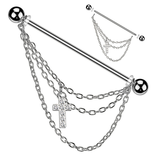 16L Surgical Steel Industrial Barbell With Triple Chain and CZ Pave Cross Dangle