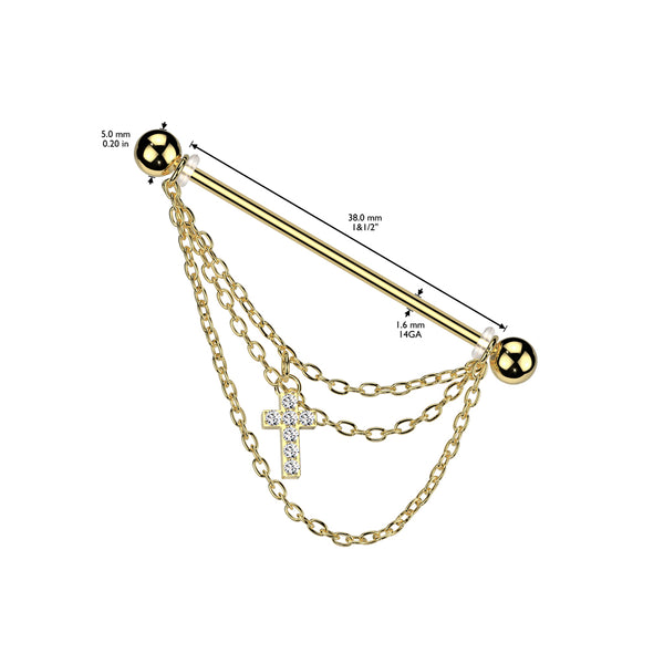 16L Surgical Steel Industrial Barbell With Triple Chain and CZ Pave Cross Dangle