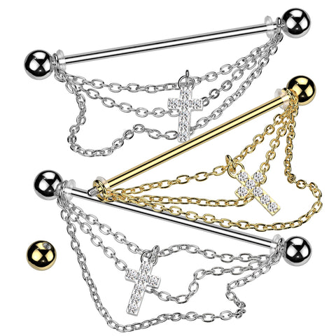 16L Surgical Steel Industrial Barbell With Triple Chain and CZ Pave Cross Dangle