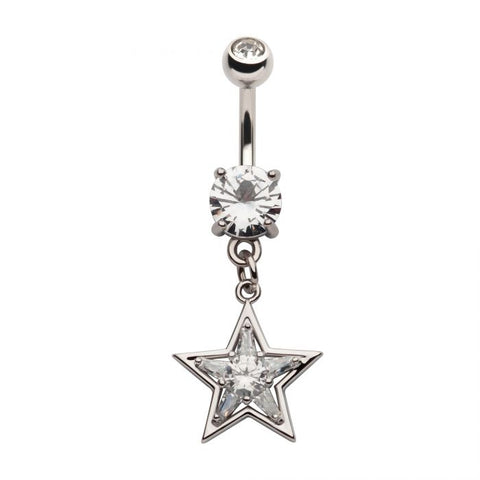 Surgical Steel Round & Baguette Clear CZ Star Dangle Belly Bar