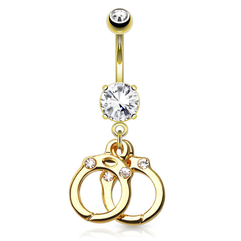 316L Surgical Steel Hand Cuffs With 14kt Gold Plated Dangle Belly Button Ring