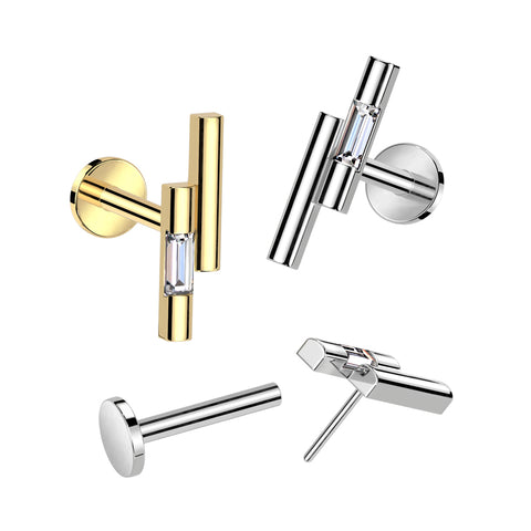 316L Surgical Steel Threadless Push In Labret Double Bar With CZ Top