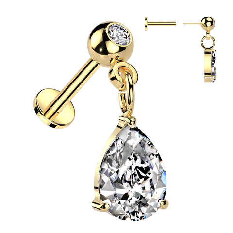 316L Surgical Steel Threadless Push In Labret Pressed Fit CZ Top With Pear CZ Dangle