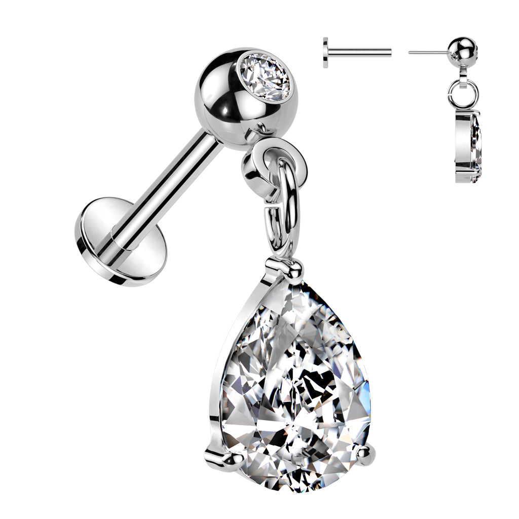 316L Surgical Steel Threadless Push In Labret Pressed Fit CZ Top With Pear CZ Dangle