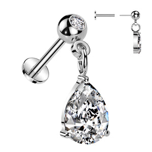 316L Surgical Steel Threadless Push In Labret Pressed Fit CZ Top With Pear CZ Dangle