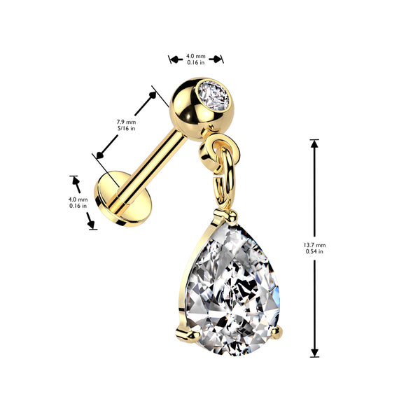 316L Surgical Steel Threadless Push In Labret Pressed Fit CZ Top With Pear CZ Dangle
