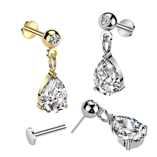 316L Surgical Steel Threadless Push In Labret Pressed Fit CZ Top With Pear CZ Dangle