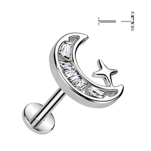 316L Surgical Steel Threadless Push In Labret, Flat Back Stud With CZ Crescent Moon