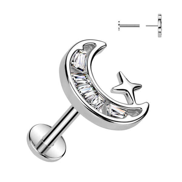 316L Surgical Steel Threadless Push In Labret, Flat Back Stud With CZ Crescent Moon