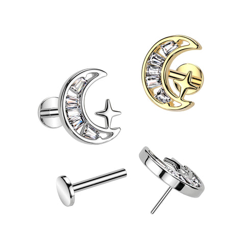 316L Surgical Steel Threadless Push In Labret, Flat Back Stud With CZ Crescent Moon