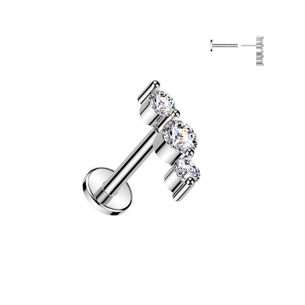 316L Surgical Steel Threadless Push In Flat Back Stud With Triple CZ Top
