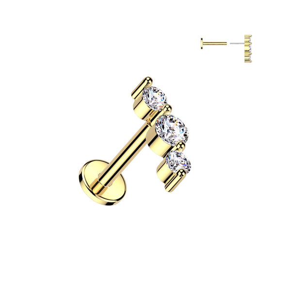 316L Surgical Steel Threadless Push In Flat Back Stud With Triple CZ Top