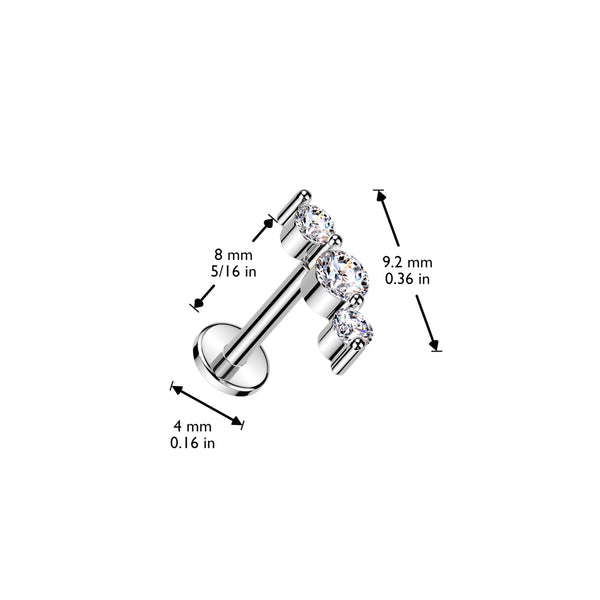 316L Surgical Steel Threadless Push In Flat Back Stud With Triple CZ Top