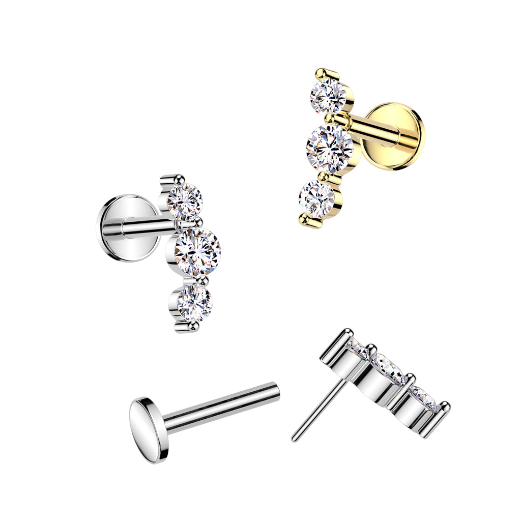 316L Surgical Steel Threadless Push In Flat Back Stud With Triple CZ Top