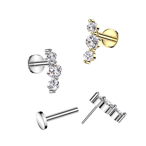 316L Surgical Steel Threadless Push In Flat Back Stud With Triple CZ Top