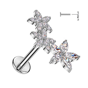 316L Surgical Steel Threadless Push In Flat Back Stud With 2 CZ Flower and 1 Marquise CZ Flower
