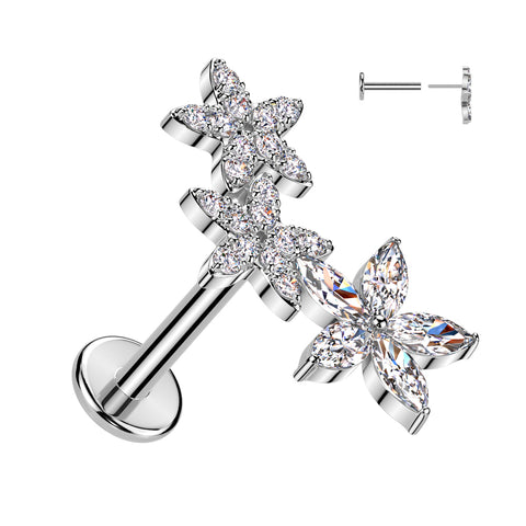 316L Surgical Steel Threadless Push In Flat Back Stud With 2 CZ Flower and 1 Marquise CZ Flower
