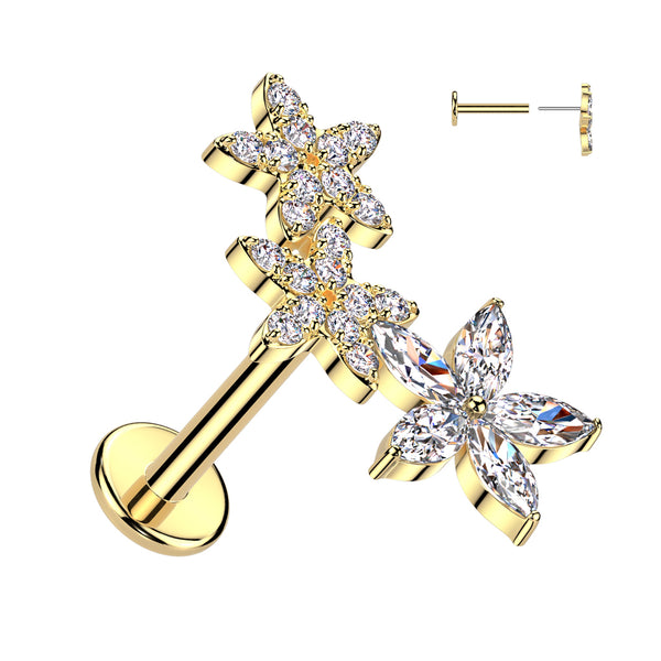 316L Surgical Steel Threadless Push In Flat Back Stud With 2 CZ Flower and 1 Marquise CZ Flower