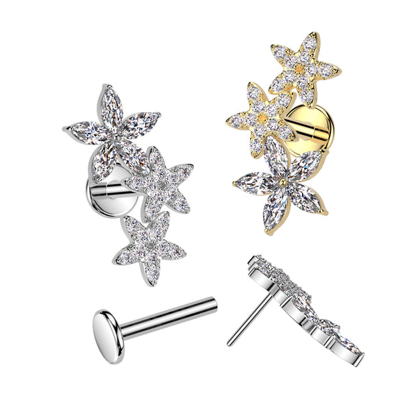 316L Surgical Steel Threadless Push In Flat Back Stud With 2 CZ Flower and 1 Marquise CZ Flower