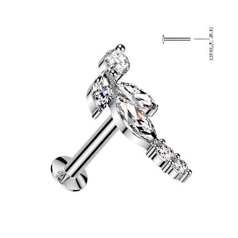 316L Surgical Steel Threadless Push In Flat Back Stud With Convex Back and Marquise CZ Vine and Round CZ Ends