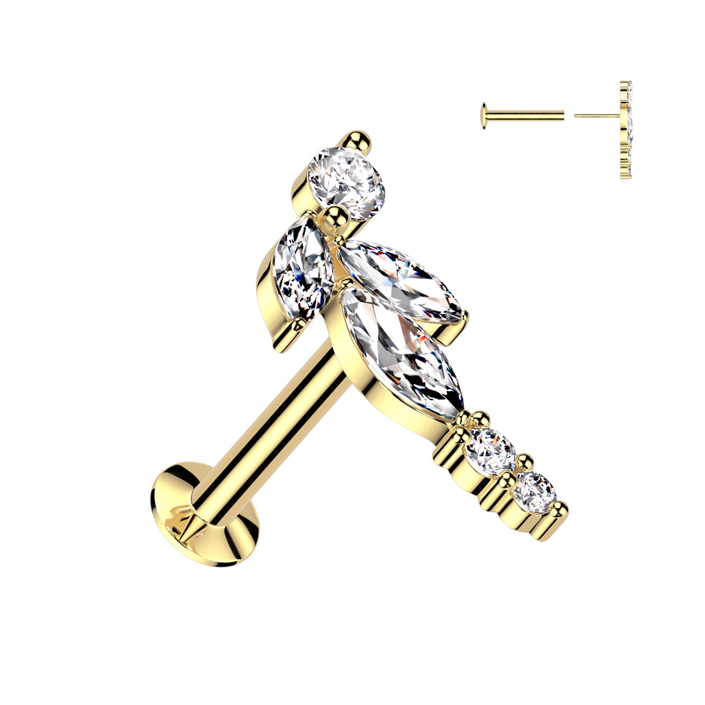 316L Surgical Steel Threadless Push In Flat Back Stud With Convex Back and Marquise CZ Vine and Round CZ Ends