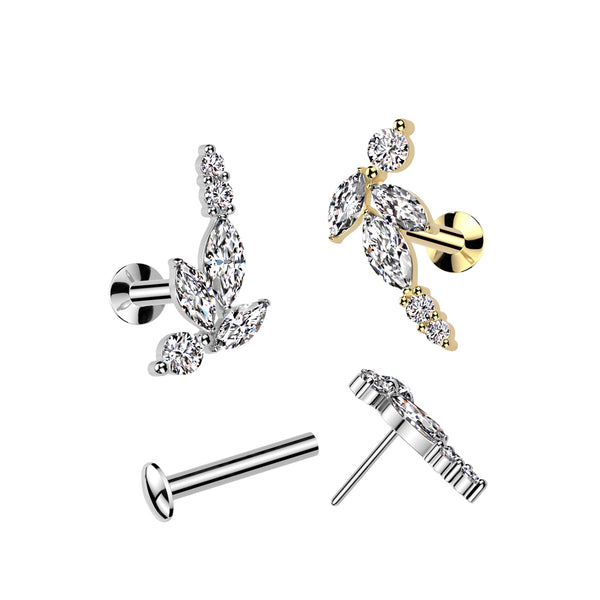316L Surgical Steel Threadless Push In Flat Back Stud With Convex Back and Marquise CZ Vine and Round CZ Ends