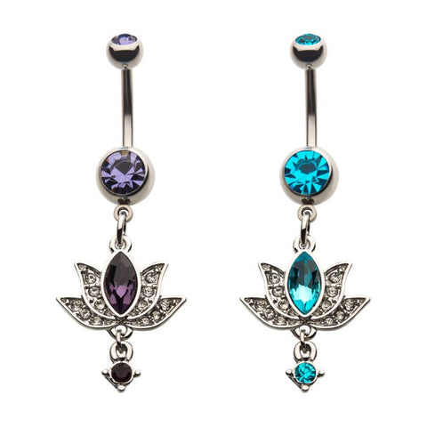 Surgical Steel with CZ Lotus Dangle Navel Belly Bar