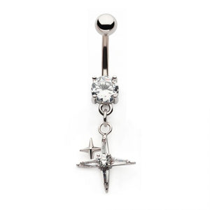 Clear CZ Duo Pointed Cross Dangle Belly Bar