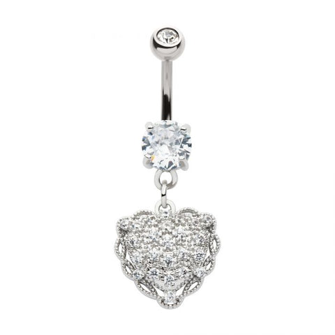Heart & Double Clear Round CZ Dangle Belly Bar
