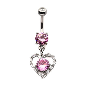 Pink Round CZ with Multi Clear Baguette CZ Heart Dangle Belly Bar