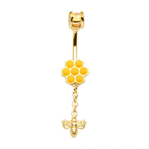 Gold PVD Steel Flower with Dangle Bee Belly Bar