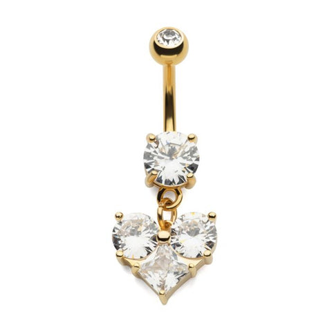 Gold PVD CZ Heart Dangle Belly Bar