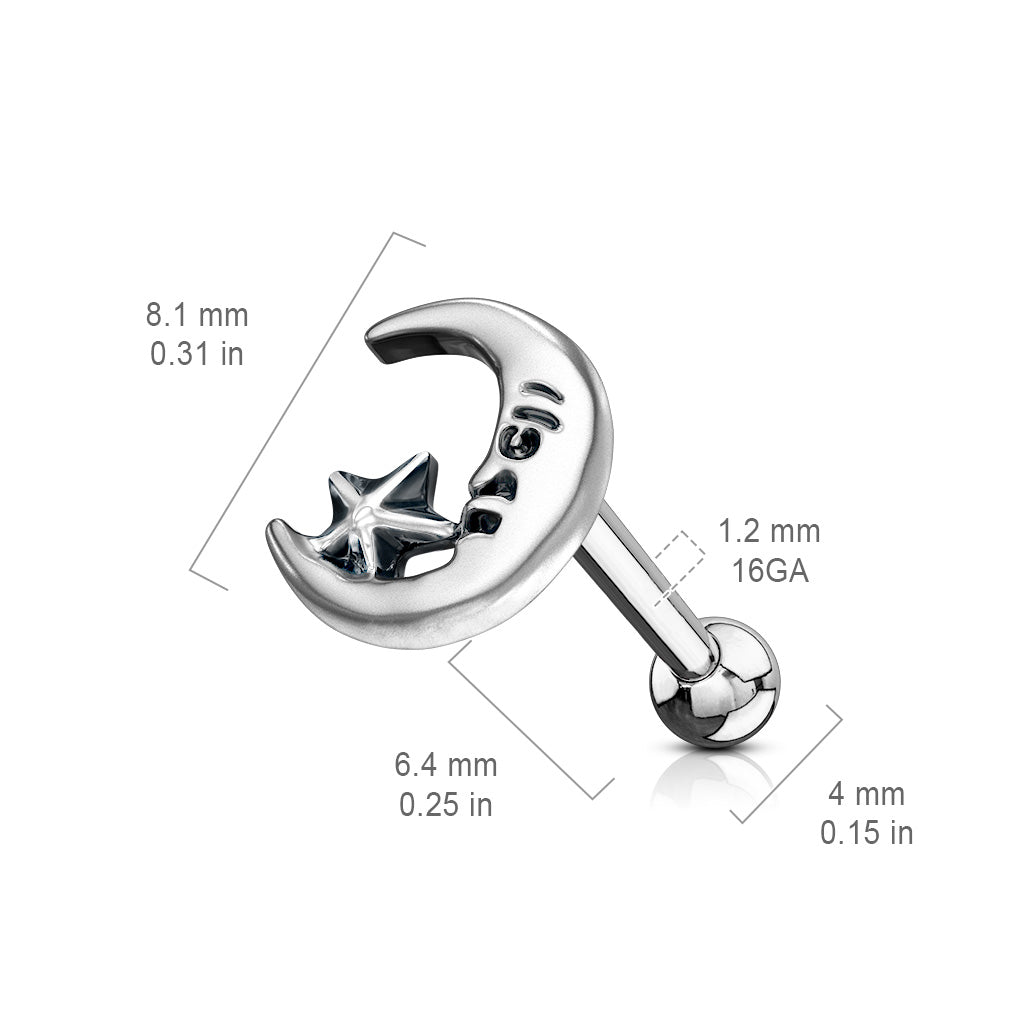 Moon and Star Antique Silver Plated Top 316L Surgical Steel Ear Cartilage Barbell Studs