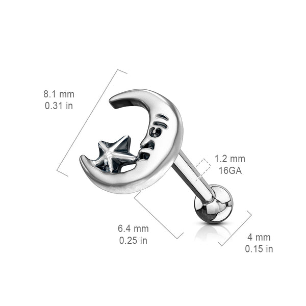 Moon and Star Antique Silver Plated Top 316L Surgical Steel Ear Cartilage Barbell Studs