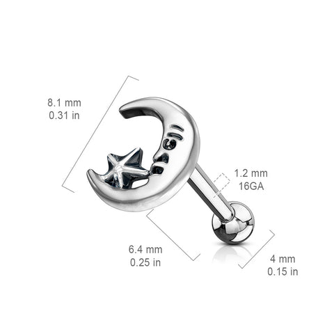 Moon and Star Antique Silver Plated Top 316L Surgical Steel Ear Cartilage Barbell Studs
